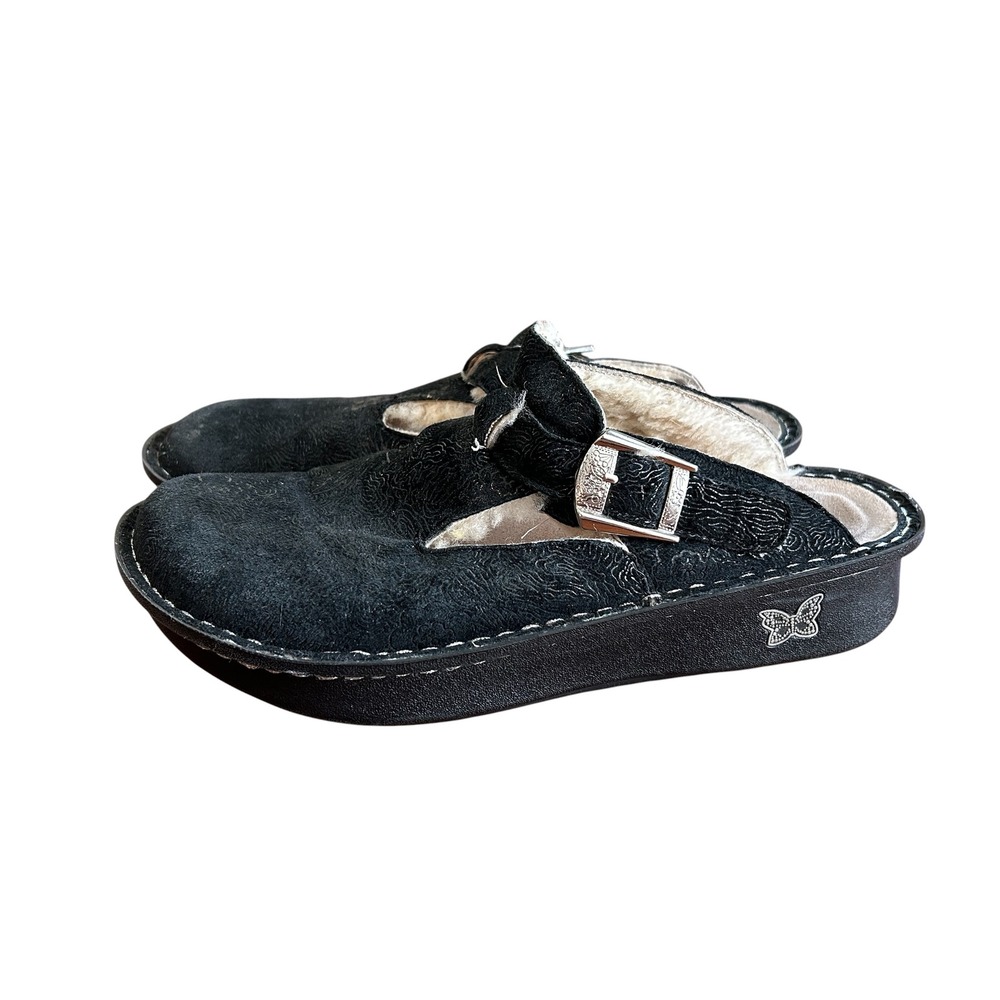 Alegria Lite Black Embossed Suede Faux Fur Lined Clogs Buckle Mules Size 8.5-9??